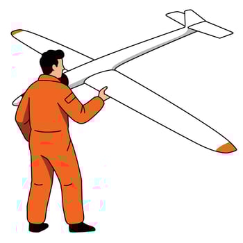 Glider aircraft preparation with technician in orange jumpsuit, flat illustration vector