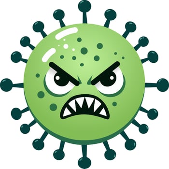 Angry green virus cartoon character with fierce eyes and sharp teeth. Ideal for illustrating danger, infection threats, germs, or educational health materials vector
