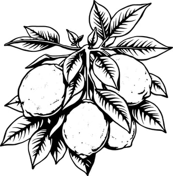 A Detailed Line Drawing Of Lemons On A Branch With Lush Leaves vector