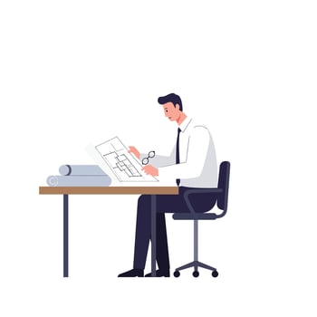 Architect reviewing blueprints at desk in minimal flat illustration vector
