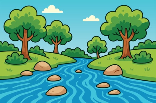 Cute Cartoon Forest Landscape with River, Trees, and Rocks vector