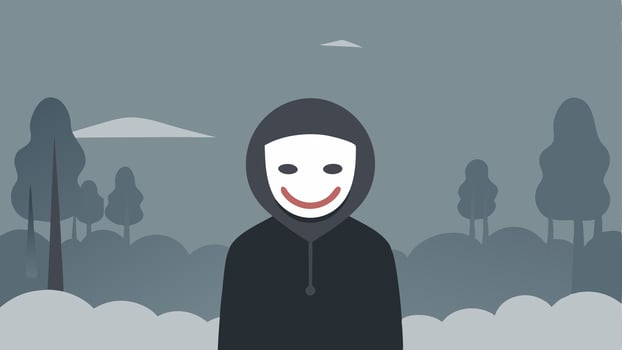 Barrier of Fake Smiles A figure wearing a mask with a forced smile surrounded by a foggy background signifying the contrast between inner turmoil and outward appearance.. vector