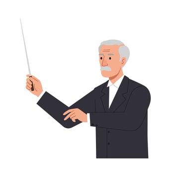 Conductor leading orchestra with baton in flat minimal illustration vector