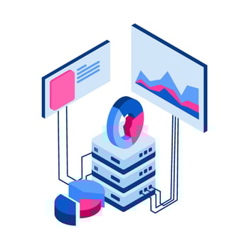 Isometric illustration of a server with a data donut chart and screen. Conveys data management, analysis. Perfect for IT services, cloud computing vector