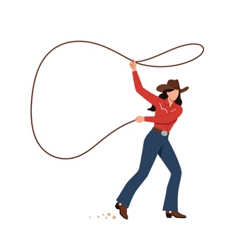 Cowgirl in action with lasso in flat style art vector