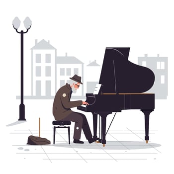 Elderly man playing grand piano in urban setting with flat design art vector