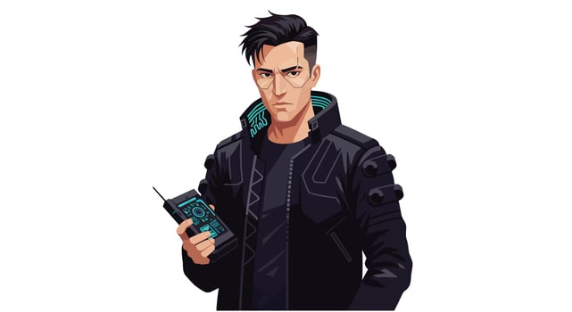 Character holding a device in a sleek black jacket, minimal illustration vector