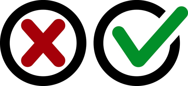Green tick and red cross icon Check mark clipart set. Yes no symbol vector