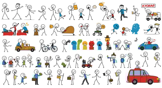 Stick figure characters in various activities illustrated in flat style art vector