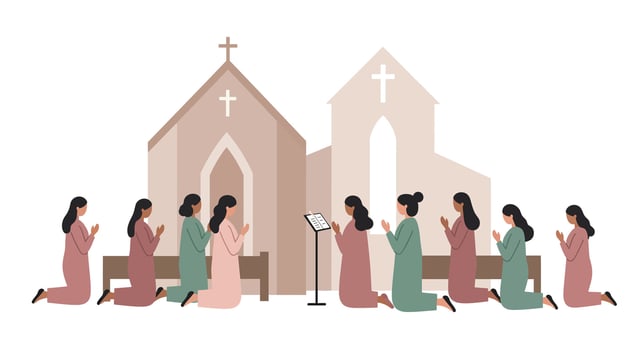 Group of Women Praying in Church Detailed Illustration vector