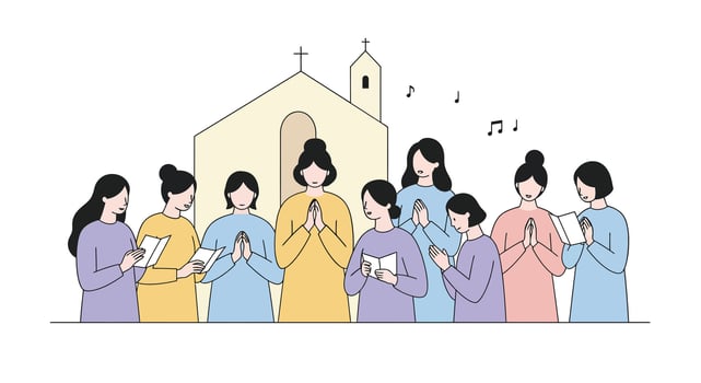 Group of women singing in front of a church in flat art vector