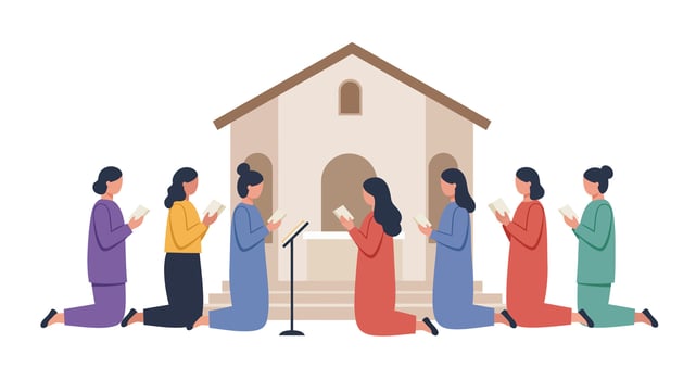 Group of women praying in colorful robes in flat art vector
