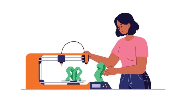 Woman operating a 3D printer creating green sculptures in flat art vector