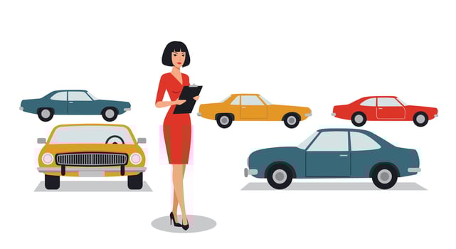 Woman in red dress with clipboard surrounded by colorful cars in flat art vector