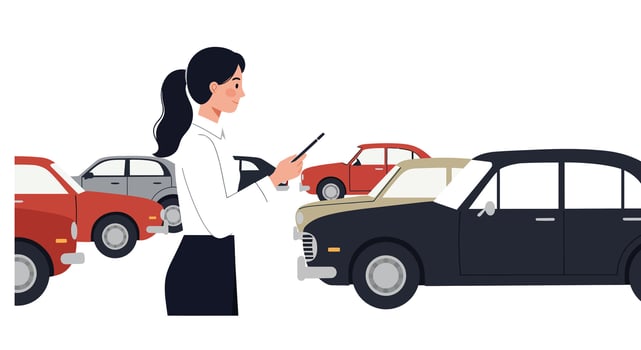 Woman using smartphone in parking lot with various cars flat illustration vector