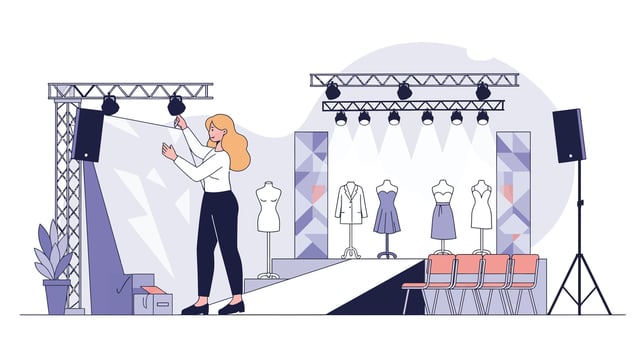 Fashion show preparation scene featuring a woman adjusting lights in minimal art vector