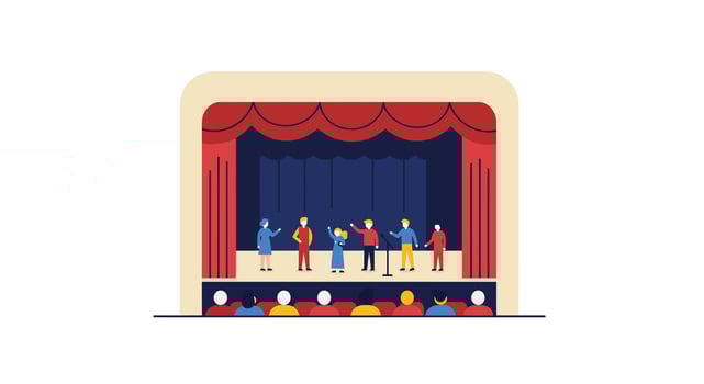 Theater performance scene with audience in flat art illustration vector