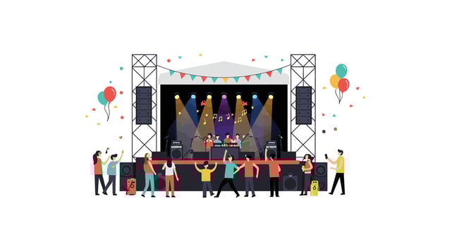 Concert scene with vibrant crowd dancing and musicians performing in flat art vector