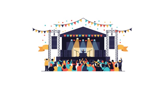 Concert stage with crowd enjoying music in flat art style illustration vector