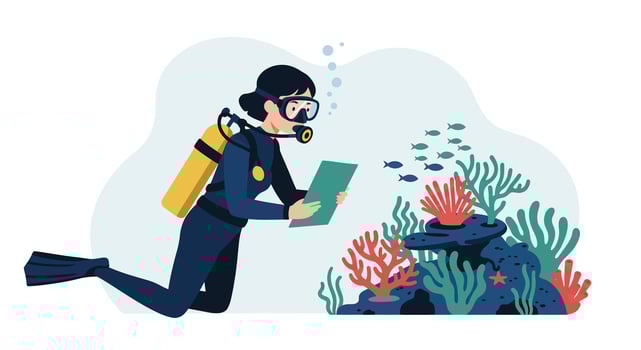 Diver exploring coral reef ecosystem in minimal illustration style vector