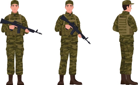 Soldier in camouflage uniform holding weapon in flat art style illustration vector