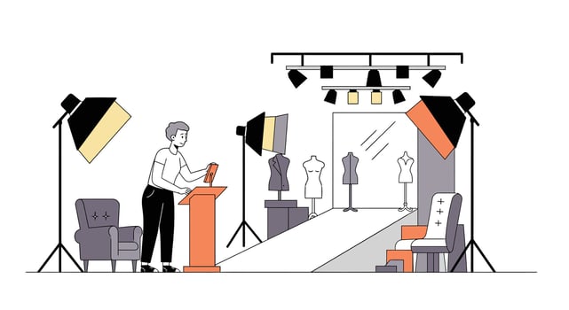 Fashion show scene featuring a model preparation process in flat art vector
