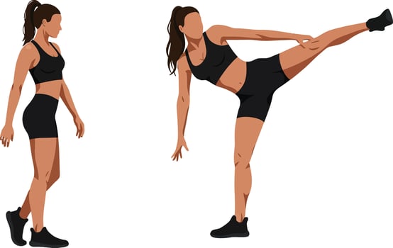 Woman demonstrating a fitness stretch in flat illustration style art vector