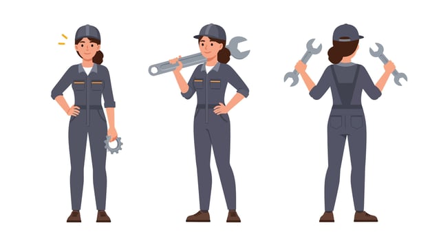 Mechanic woman showcasing tools in flat illustration style in three poses art vector
