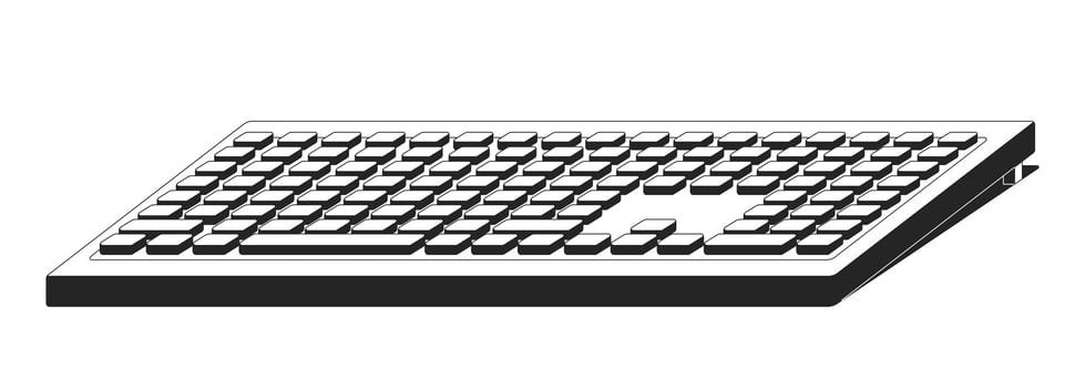 Minimal tilted retro-style keyboard 2D line object. 90s computing nostalgia. Typing accessory hardware. Vintage gadget input isolated clipart ink outline item. Monochrome spot illustration vector