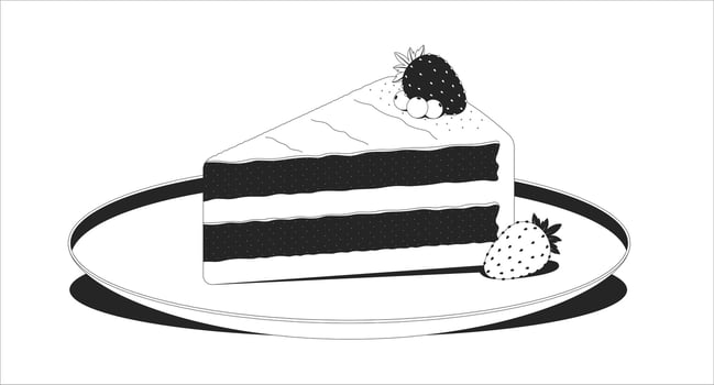 Strawberry cake piece with berries on plate lofi illustration outline. Dreamy sweet. Afternoon snack. Delightful dessert slice 2D ink linear flat lo fi drawing. line art aesthetic wallpaper vector