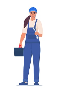 Woman mechanic with toolbox. Girl character in uniform with wrench in her hand. illustration. vector