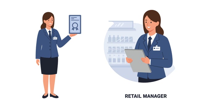 Retail manager in professional attire showcasing achievements in flat art vector