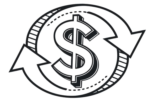 Business Cash Flow Conceptual Icon with Arrows Pointing in and Out of Dollar Sign in Black and White vector