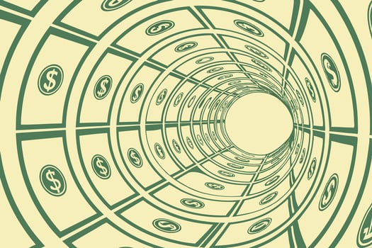 Money Tunnel A symbolic representation of cash flow in business, with money spiraling through a tunnel to indicate financial movement vector