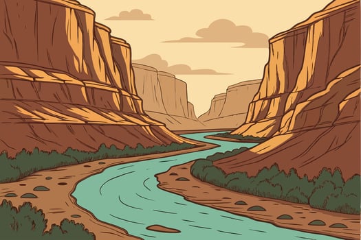 Serene River Winding Through Majestic Cash Flow Canyon Landscape in the American Southwest vector