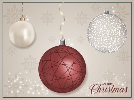 A red pearly holiday ornament with a line pattern places on a background with snowflakes. vector