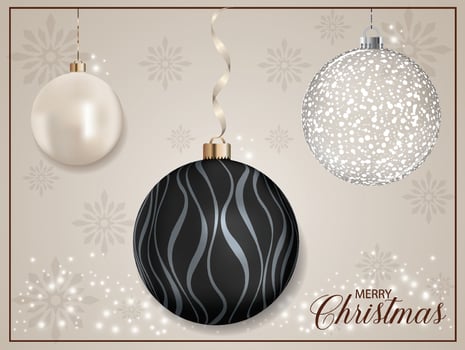 A black pearly Christmas sphere with a striped pattern set against a background with falling snowflakes. vector