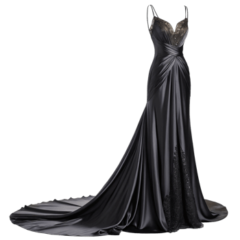 Elegant Black Strapless Satin Ball Gown with a Flowy Train, elegant woman in black dress isolated on transparent background png