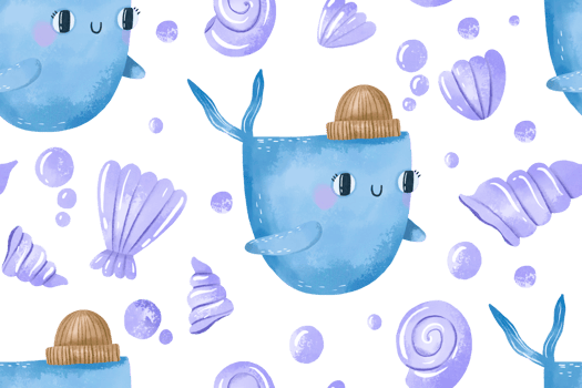 Blue Whale fish and marine shells seamless pattern. Underwater sea life hand drawn watercolor background. Baby cartoon repeated design png