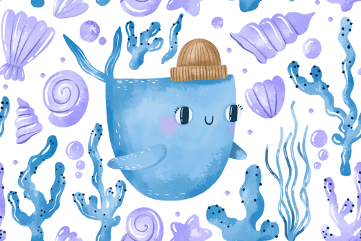 Blue Whale fish and marine shells, algae, laminaria seamless pattern. Underwater sea life hand drawn watercolor background. Baby cartoon repeated design png