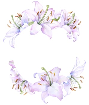 Round wedding gold frame wreath with white and pink lily flowers, watercolor illustration vector