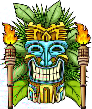 Smiling Tiki Mask With Blue And Gold Colors Flames And Jungle Leaves vector