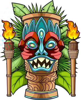 Colorful Tiki Mask With Sharp Teeth Jungle Leaves And Torch Flames vector