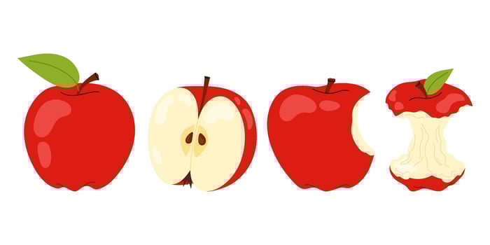 Set red apple. Ripe and bitten apple, an apple stump isolated on white background. For food, healthy lifestyle themes or school. vector