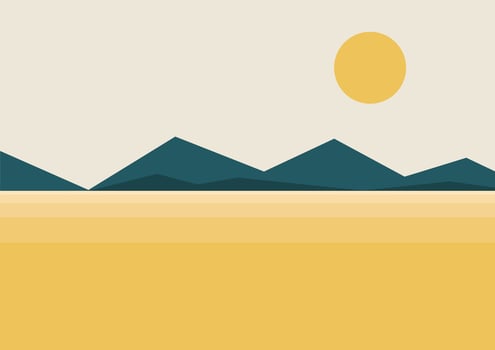 Seaside and mountains landscape illustration poster. Morning panoramic sunrise. Boho wall decor vector