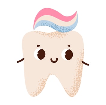 Cute tooth character with a toothbrush. Concept for dental hygiene, kids oral care, and dental health. Flat illustration. vector