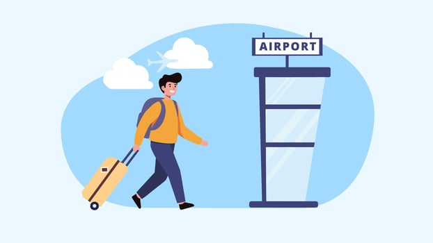 Airport Travel Man Walking Towards Airport Terminal with Luggage vector