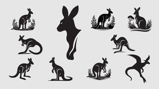 A collection of elegant kangaroo silhouettes showcasing various poses and styles in stark black against a simple grey background Perfect for logos prints or any design needing a touch of vector