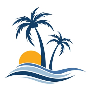 Tropical Sunset Logo Silhouetted Palm Trees in Circular Frame for Seaside and Vacation Designs vector