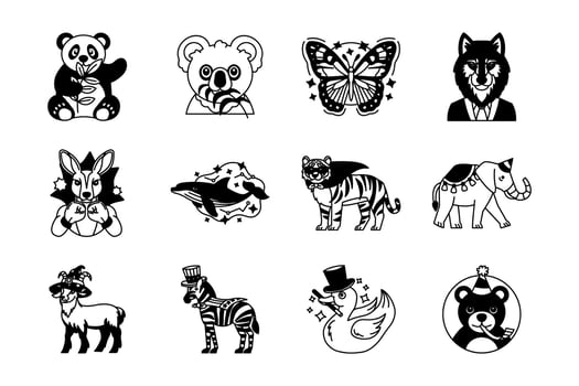black and white fancy animals illustration icon collection vector